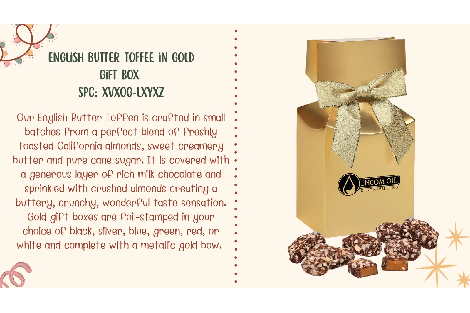 Gold gift box with English Butter Toffee pieces, foil-stamped and tied with a metallic gold bow.