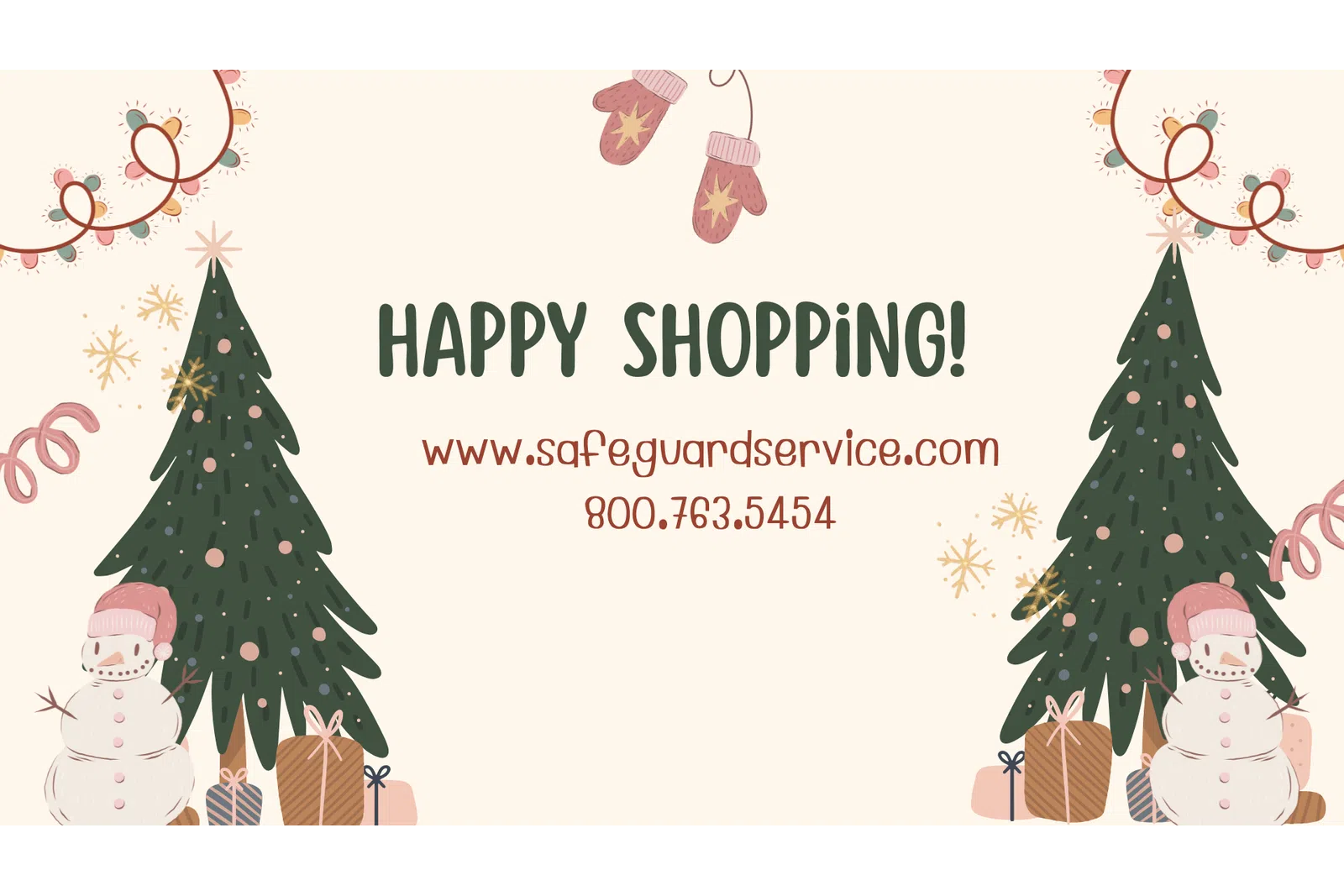 Festive holiday scene with Christmas trees, snowmen, gifts, mittens, and Happy Shopping message.