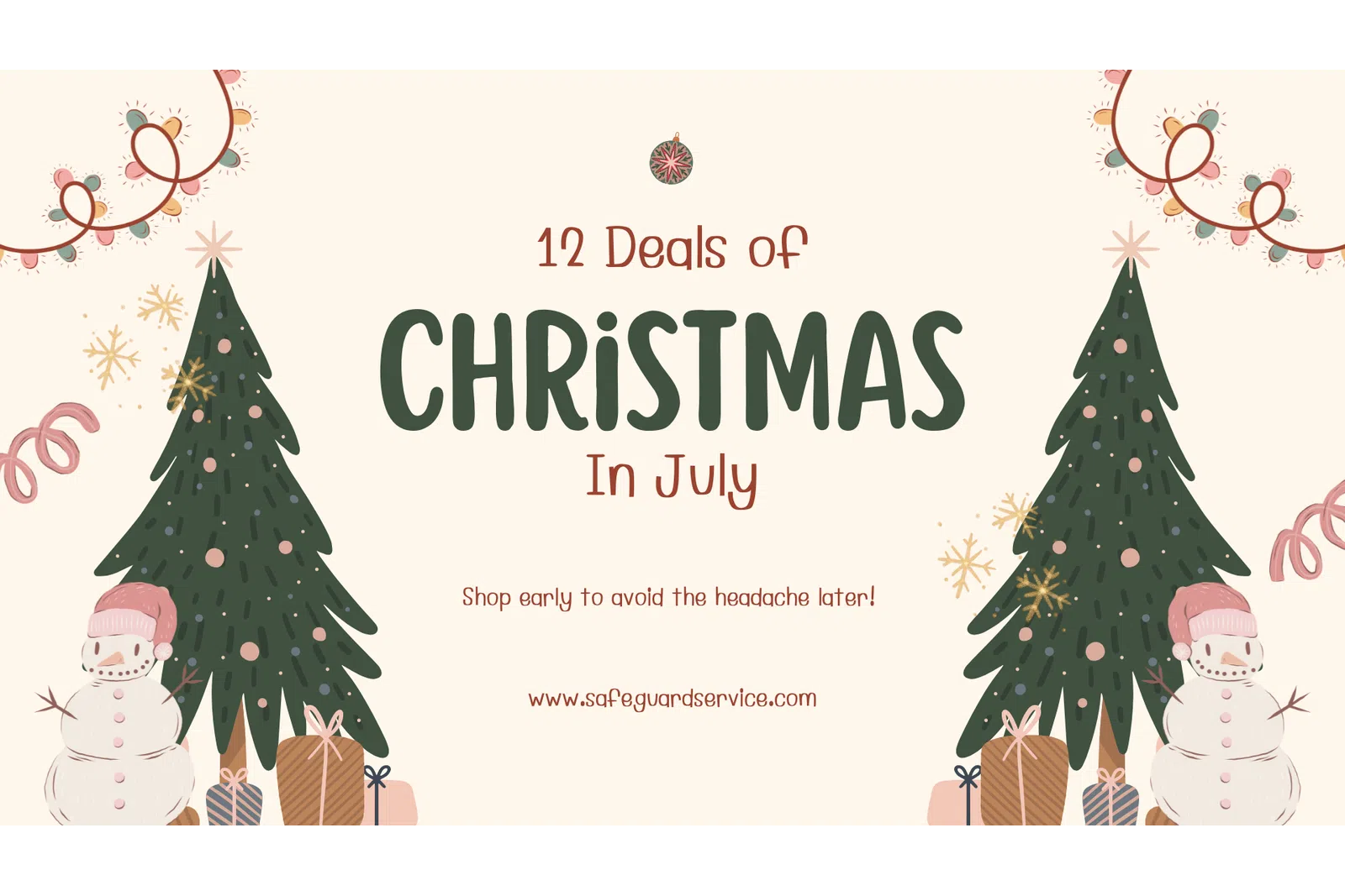 Christmas in July banner with decorated trees, snowmen, gifts, and festive text promoting 12 deals.