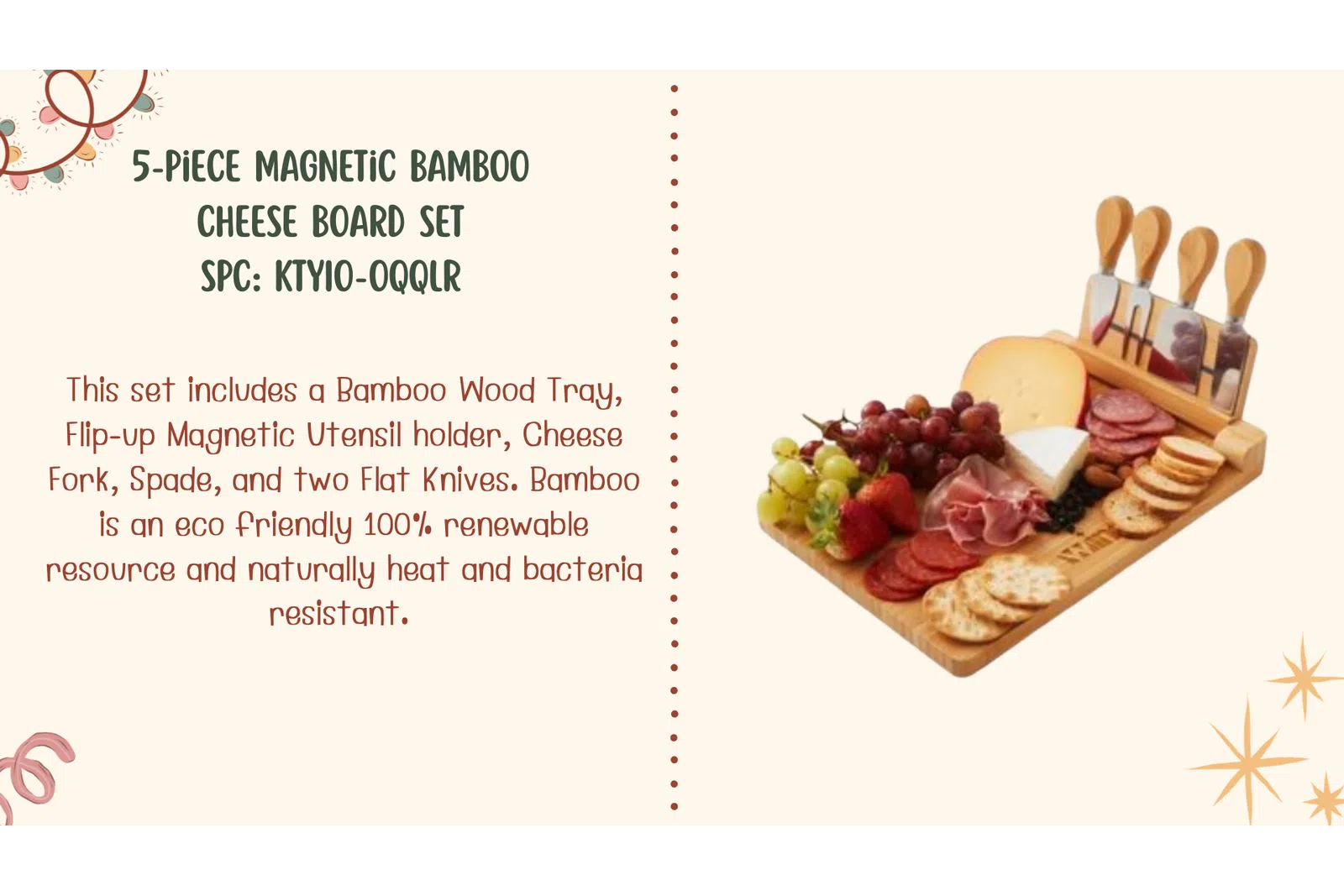 5-piece magnetic bamboo cheese board set with utensils, cheeses, meats, grapes, and crackers on wooden tray