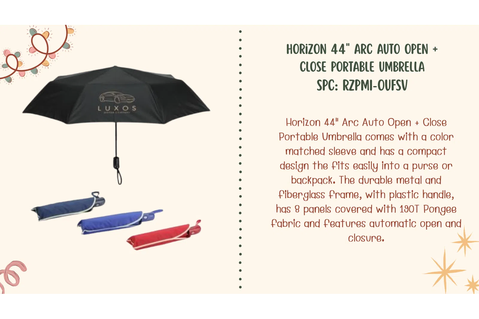 Black Luxos branded 44-inch portable umbrella with matching color sleeves in blue, red, and navy blue.