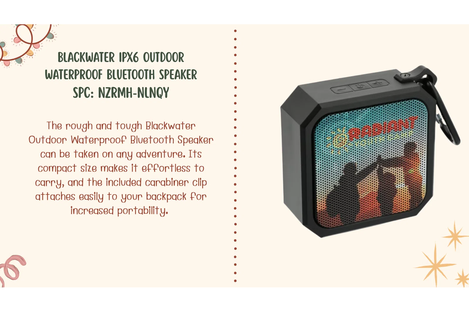Compact Blackwater IPX6 waterproof Bluetooth speaker with carabiner clip for outdoor adventures and easy portability.
