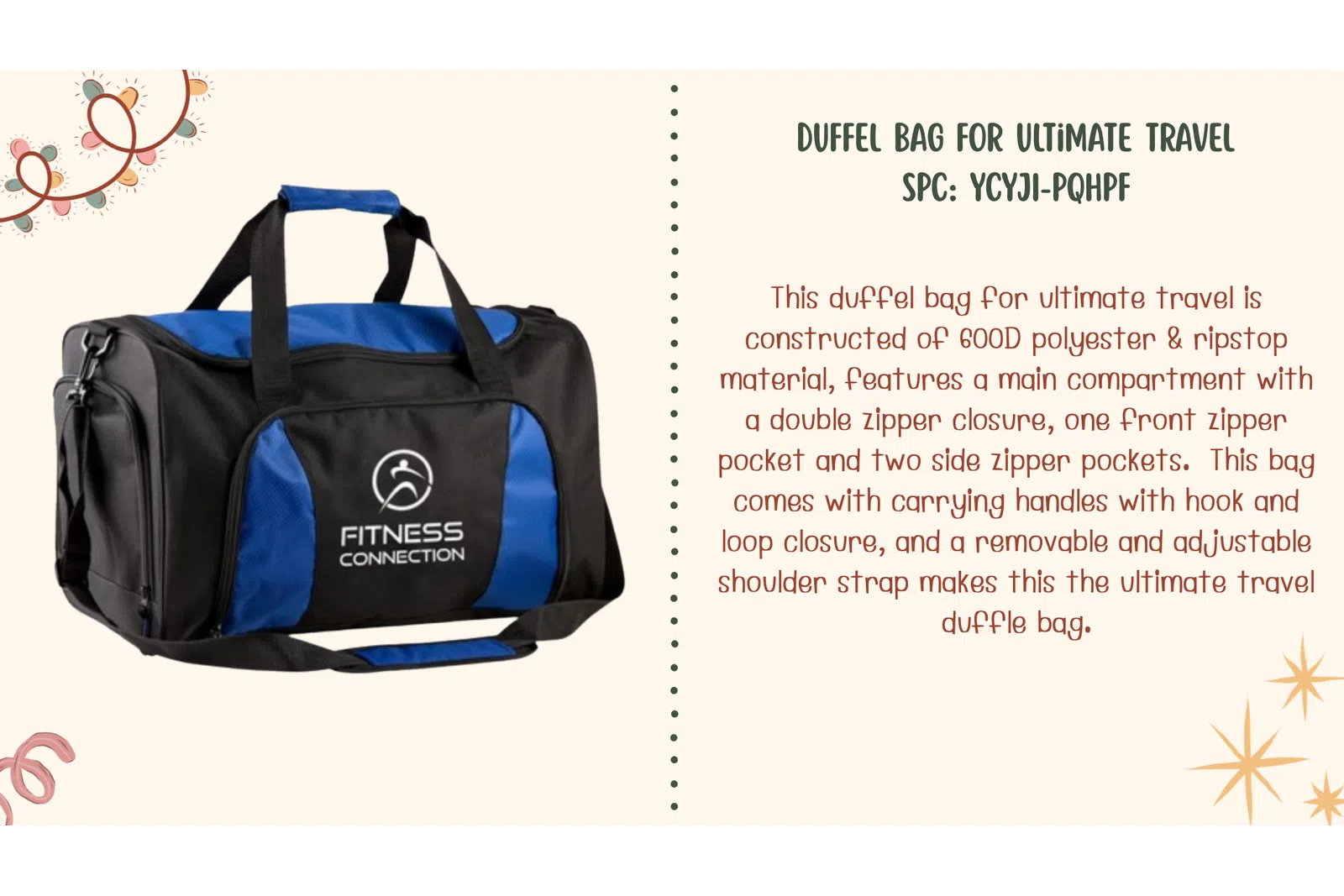 Black and blue duffel bag with multiple pockets and adjustable shoulder strap for ultimate travel convenience.