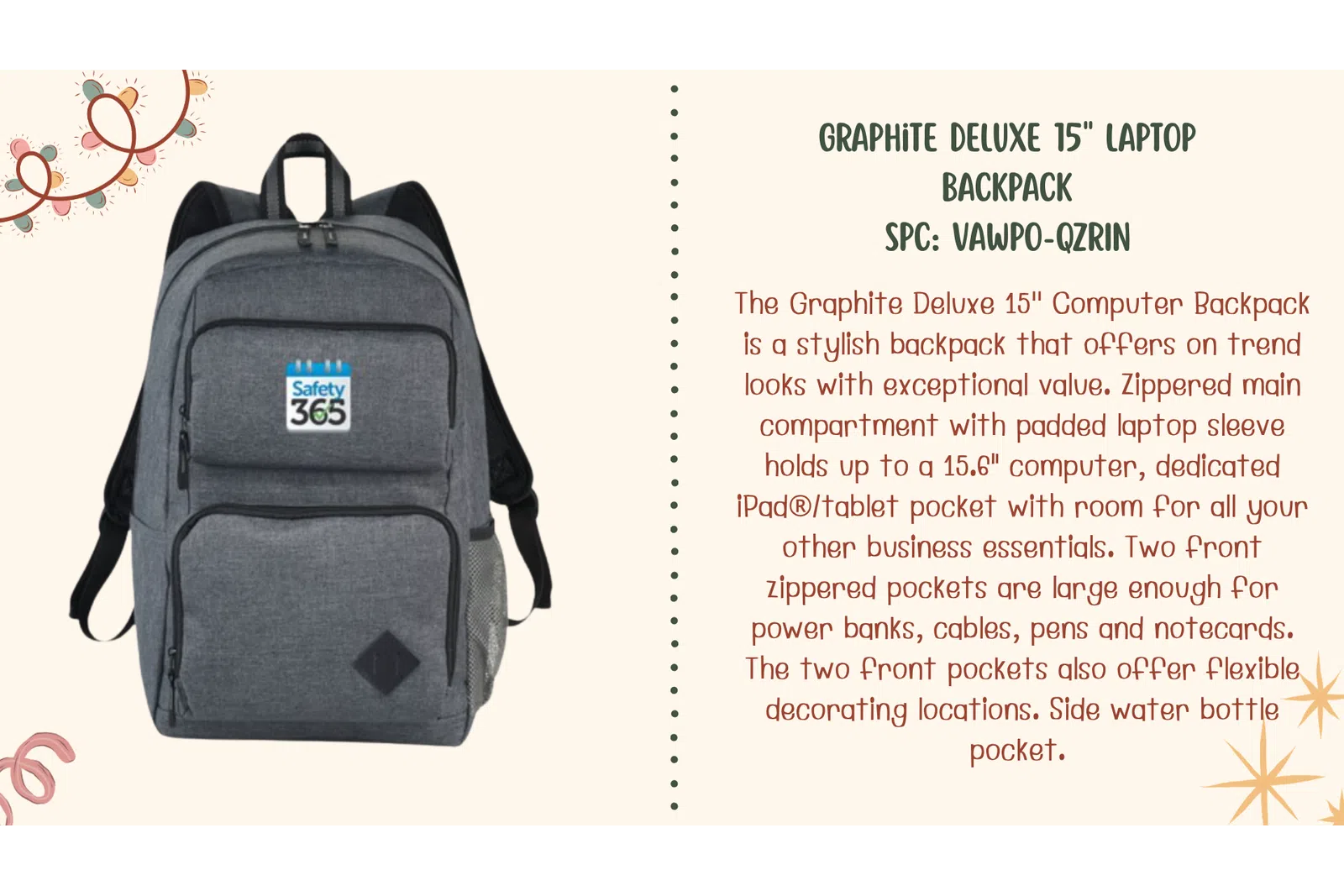 Gray Graphite Deluxe 15 inch laptop backpack with multiple zippered compartments and side water bottle pocket.