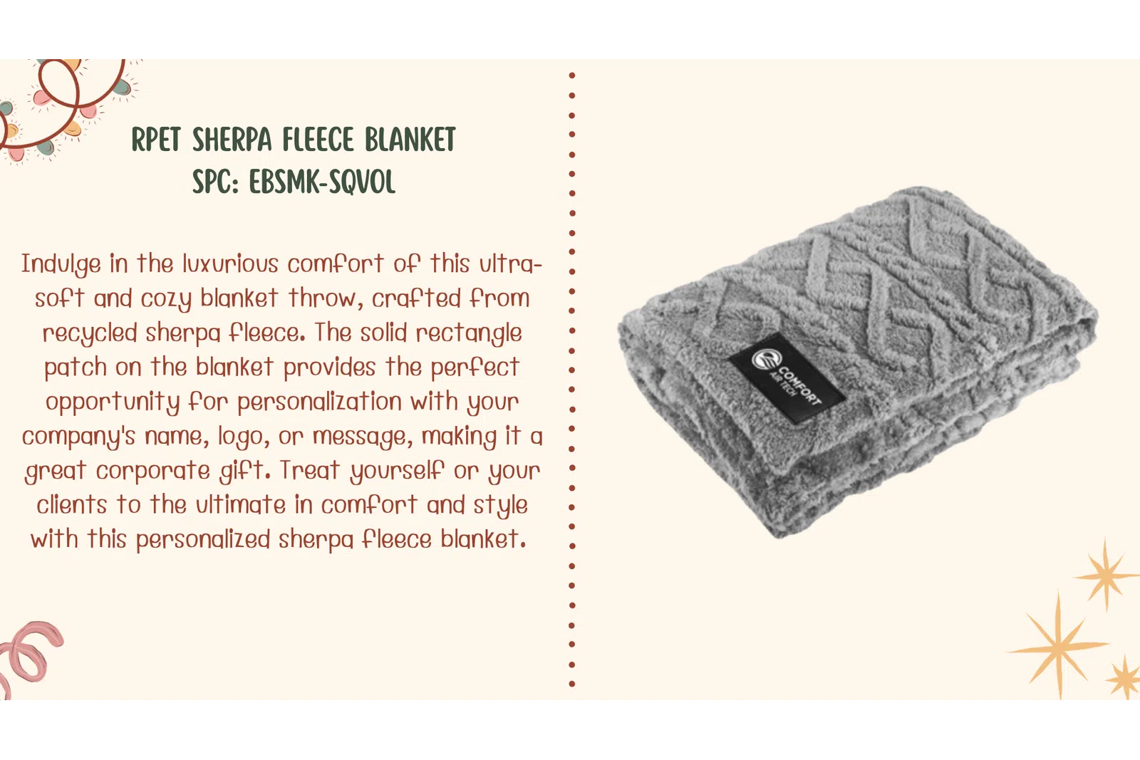 Folded gray sherpa fleece blanket with textured pattern and black logo patch on beige background.