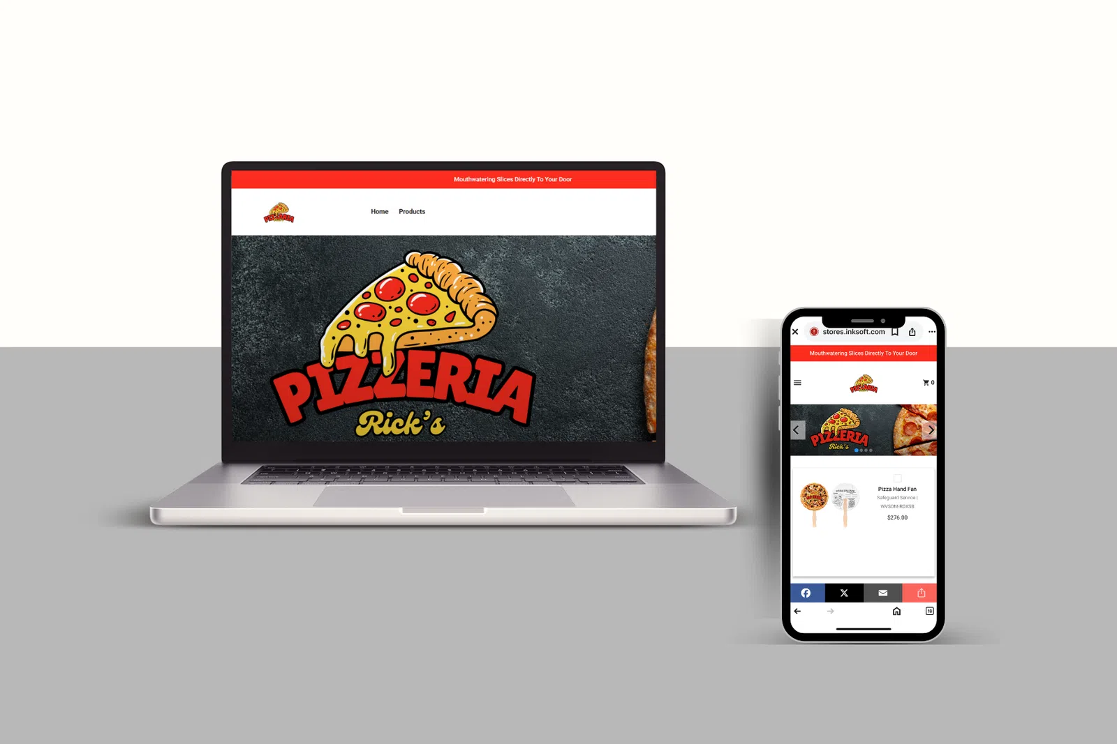 Laptop and smartphone display Pizzeria Rick's website with pizza slice logo against dark background.
