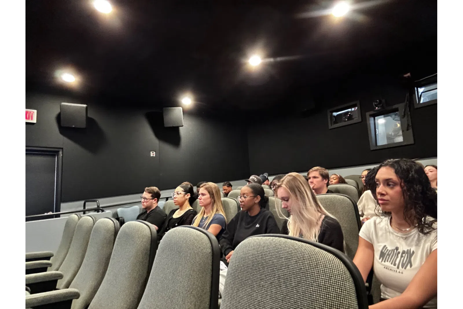 A group of people attentively watching a presentation in a small, modern theater setting.