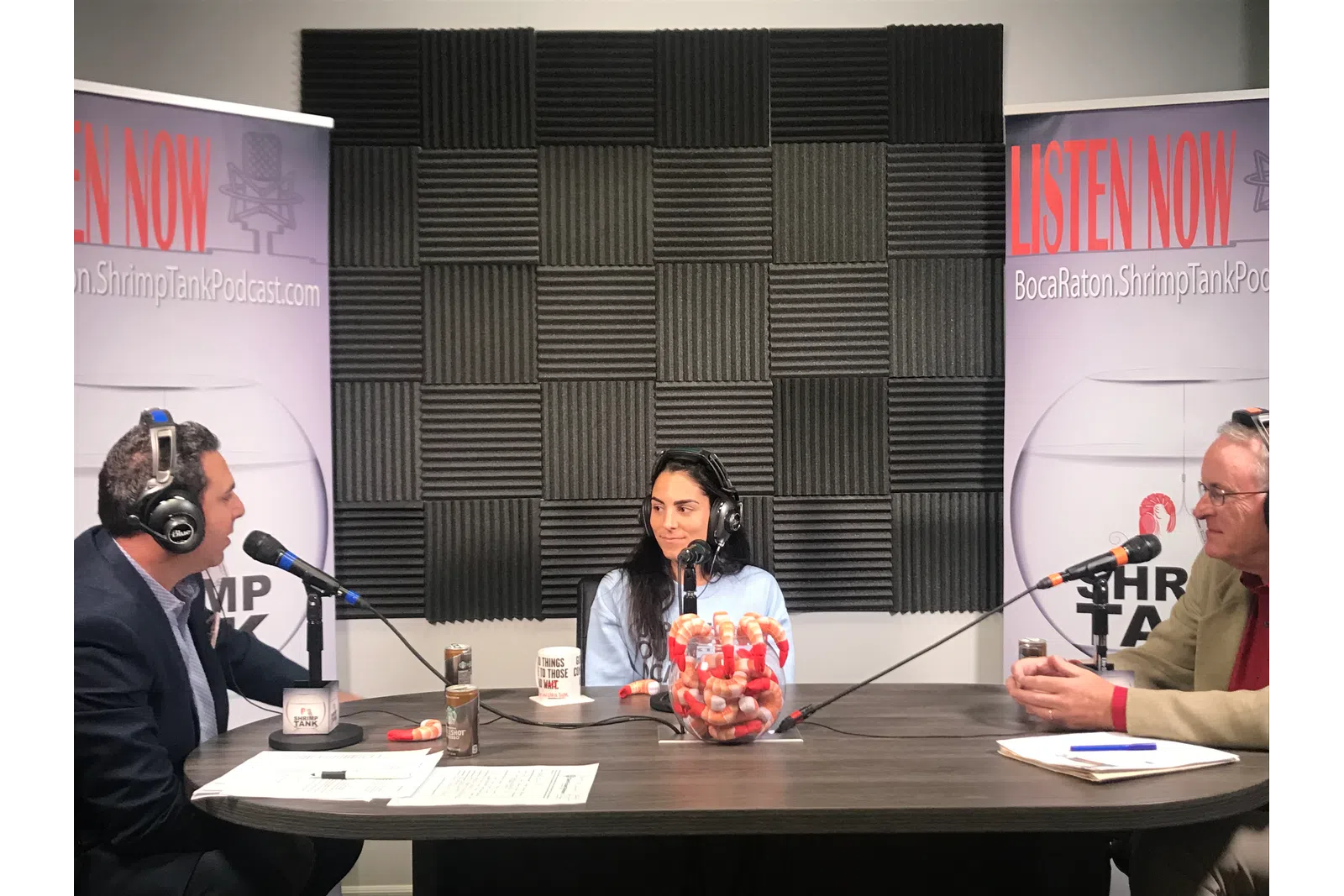 a group of people sitting at a table with microphones