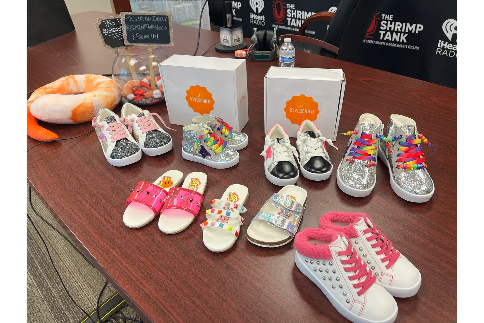 a table with shoes and food on it