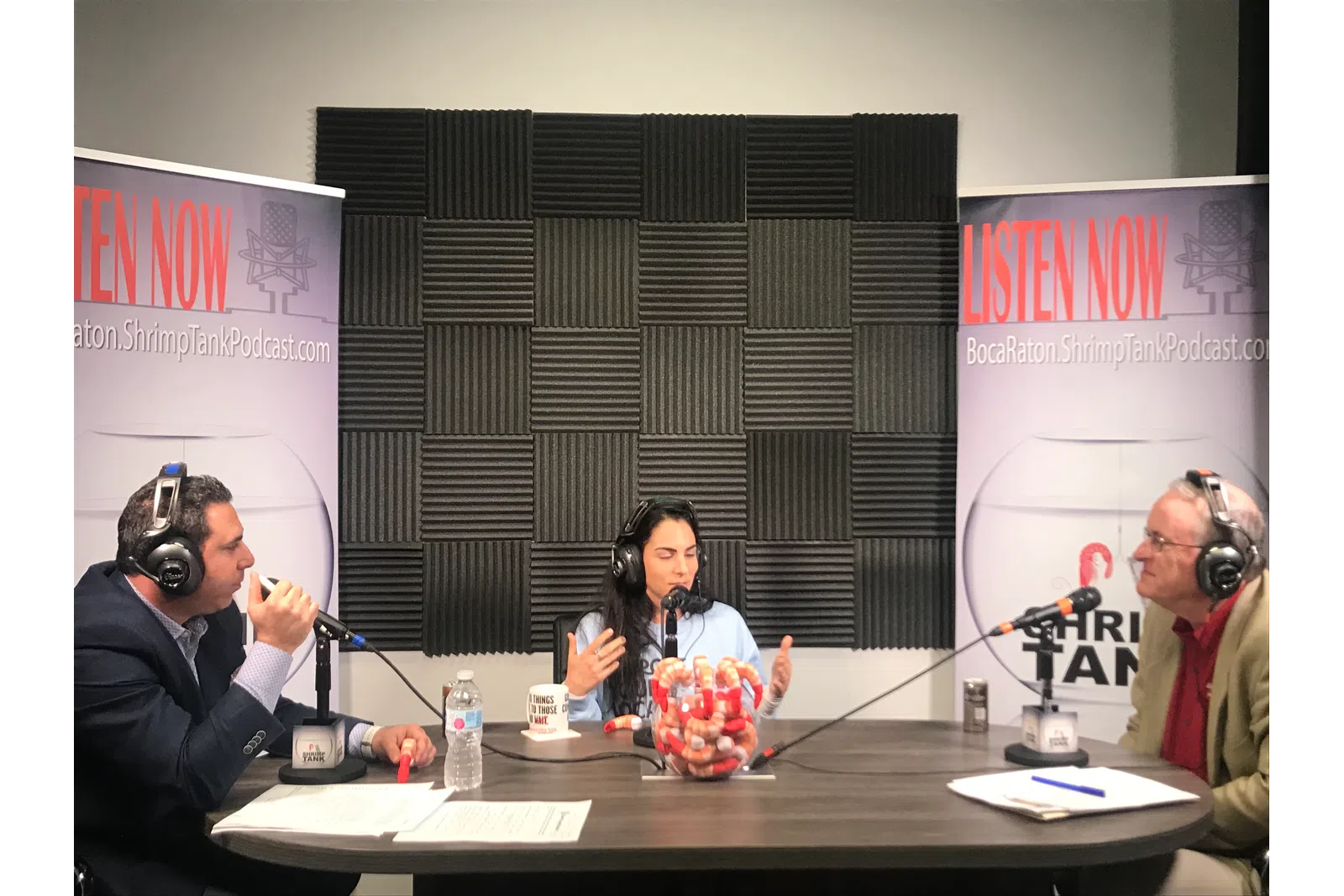 a group of people sitting at a table with microphones