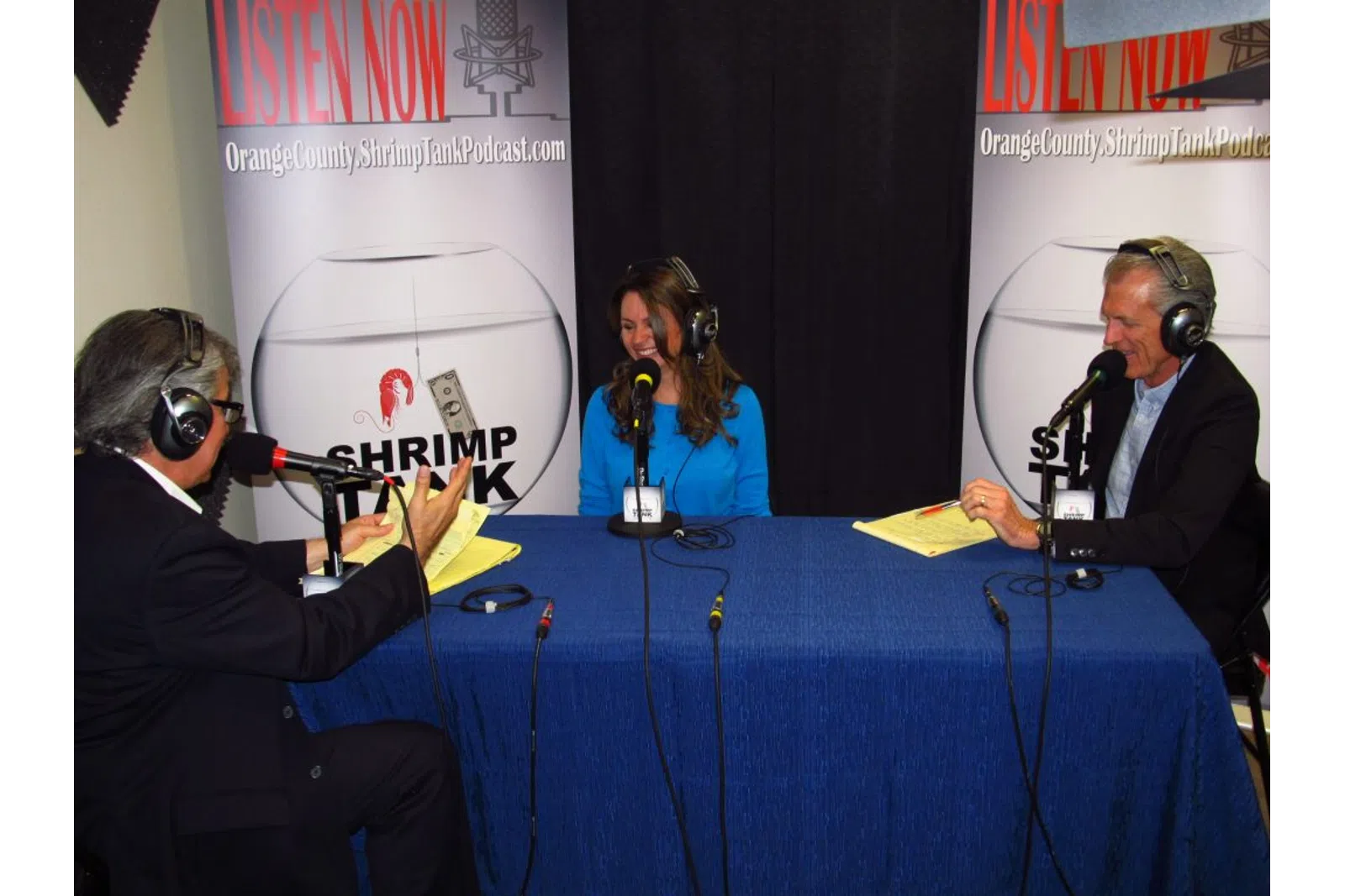 a group of people sitting at a table with microphones