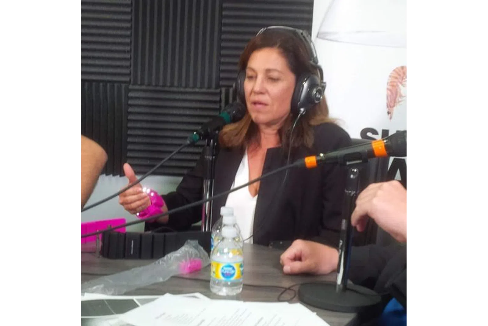 a person speaking into microphones