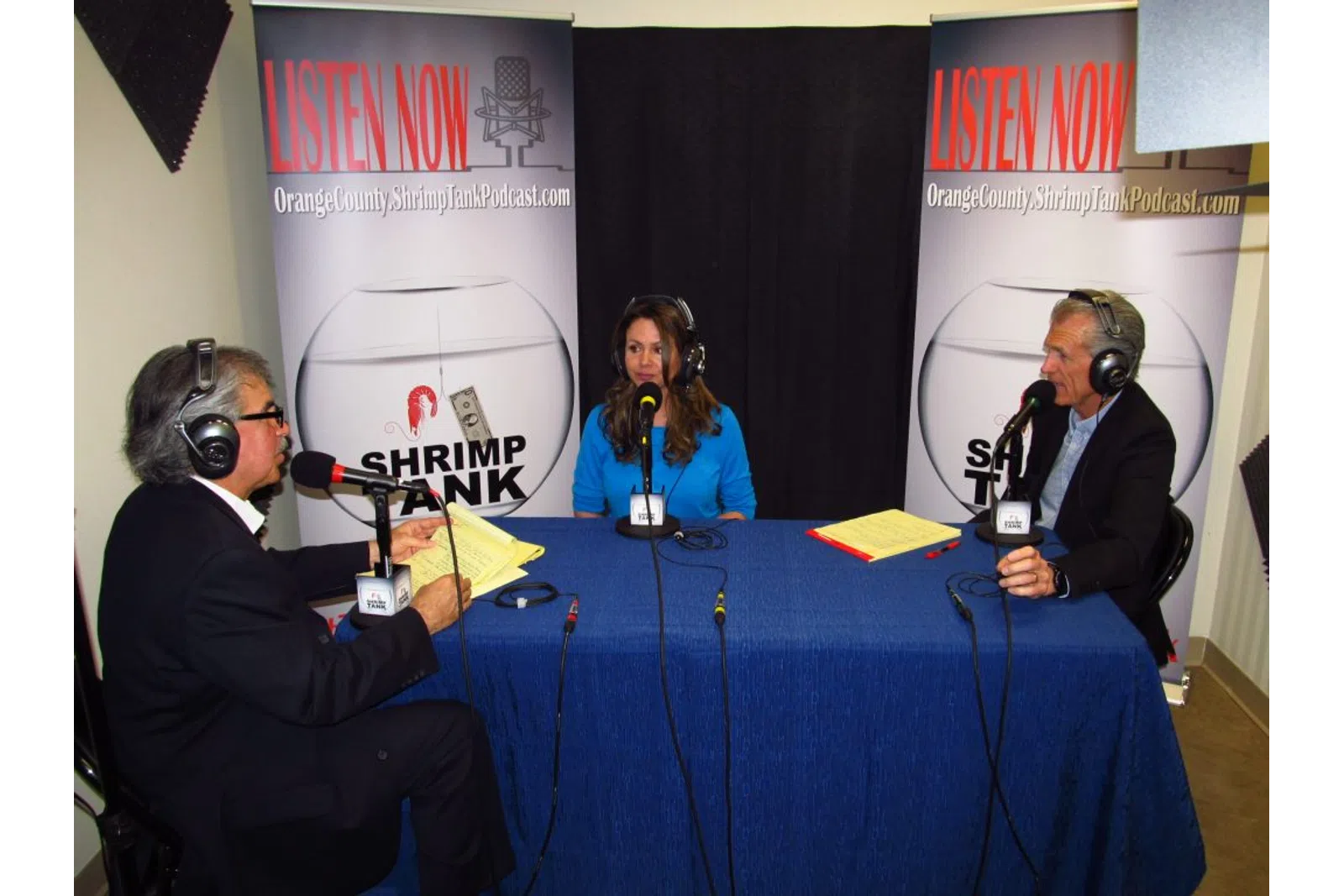 a group of people sitting at a table with microphones