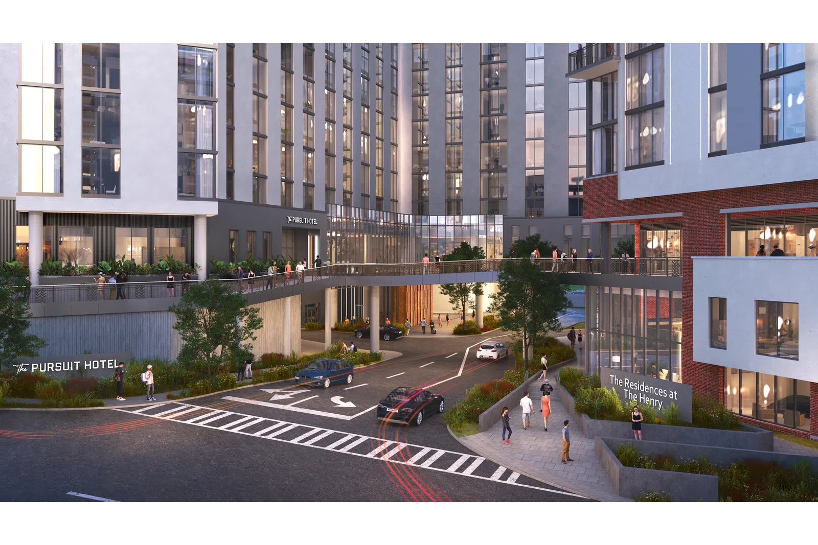 Modern mixed-use development with Pursuit Hotel, residences, elevated walkway, and people in urban setting at dusk.