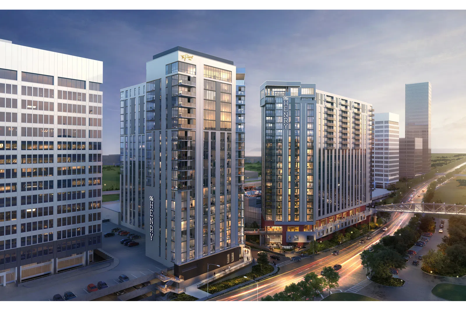 Modern high-rise residential buildings with glass balconies and illuminated windows at dusk in an urban cityscape.