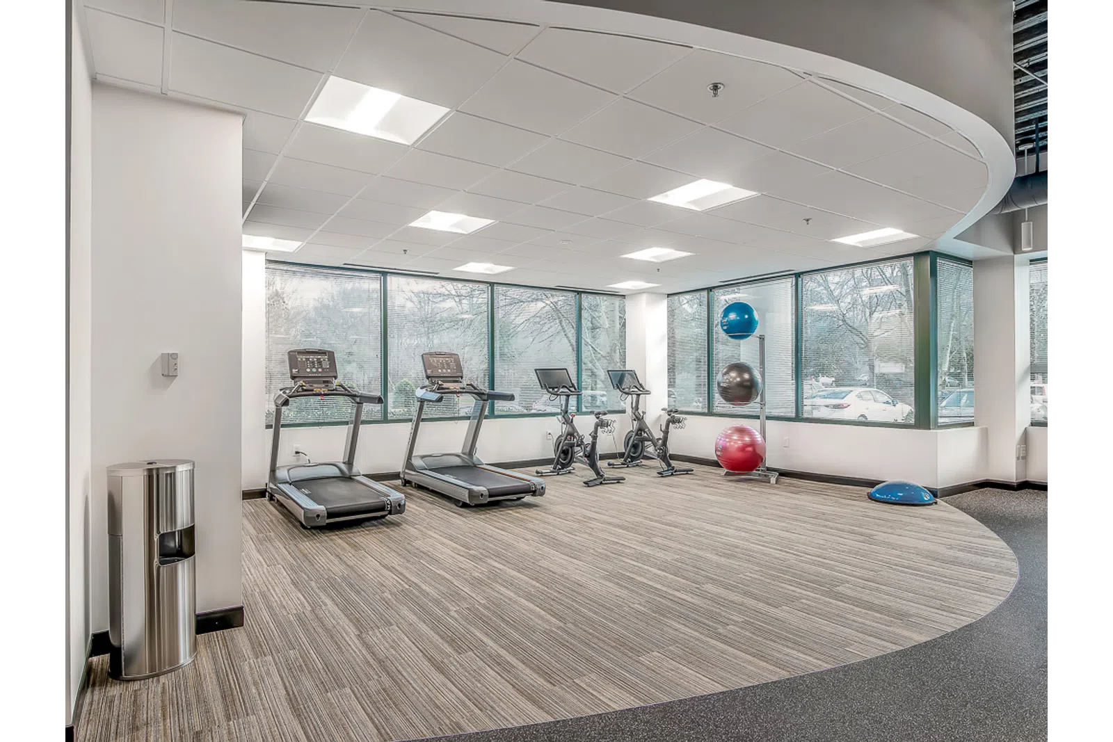 Modern gym area with treadmills, stationary bikes, exercise balls, and bright natural lighting from large windows