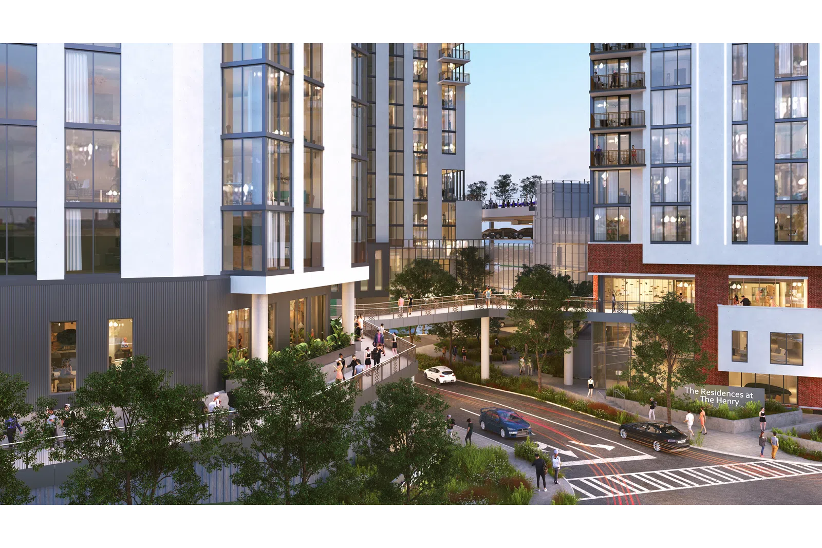 Modern residential buildings with glass facades, greenery, and pedestrians near a street and pedestrian bridge.