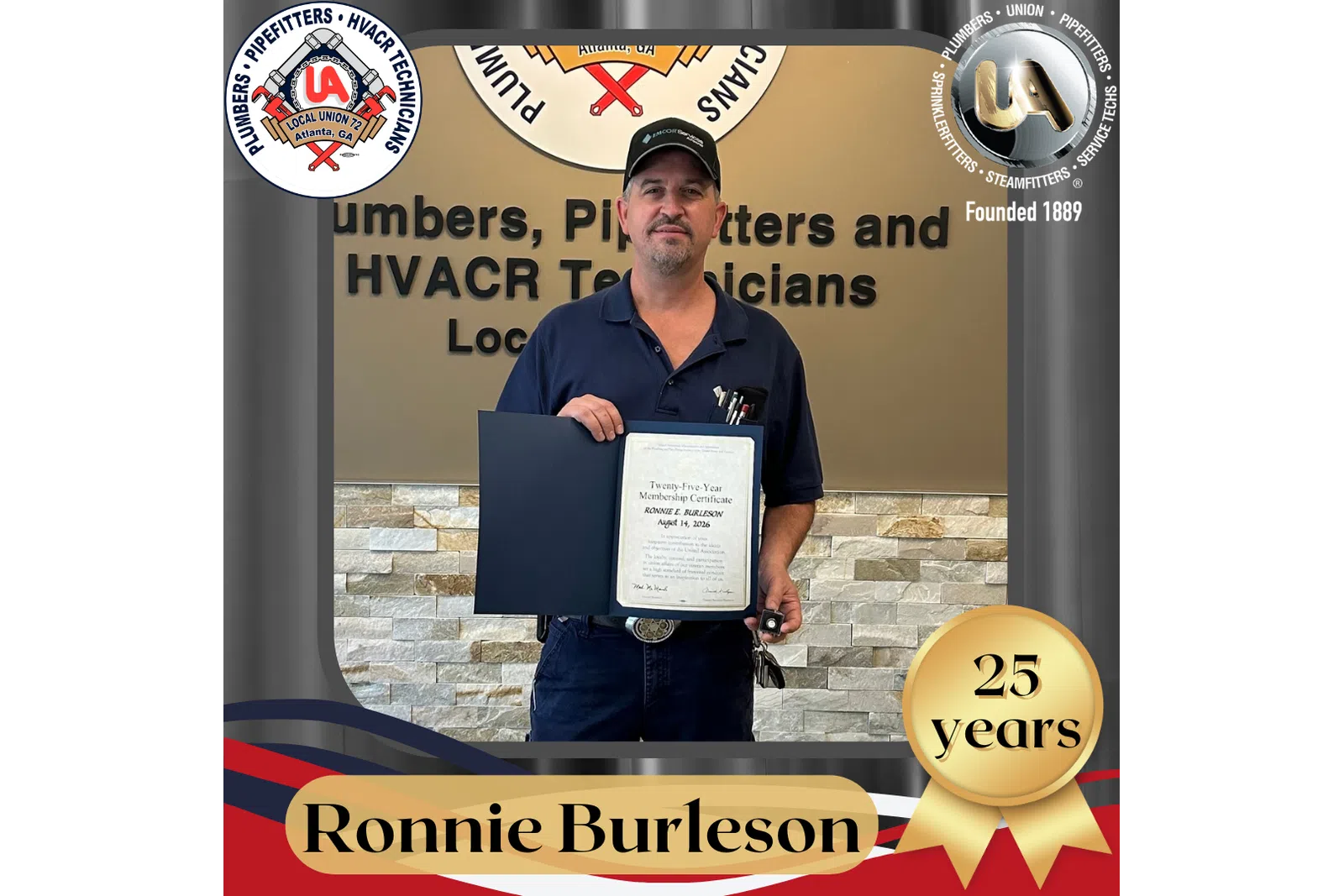 Man holding a certificate celebrating 25 years of membership at Plumbers, Pipefitters, and HVACR Technicians union.