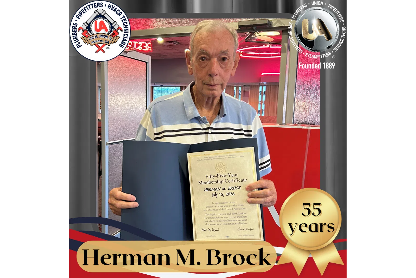 Senior man holding a 55-year membership certificate with logos of plumbers and pipefitters union in background.