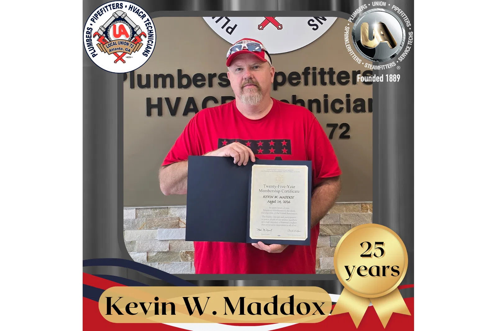 Man in red shirt holding a 25-year membership certificate at Plumbers Pipefitters HVACR Technicians Local Union 72.