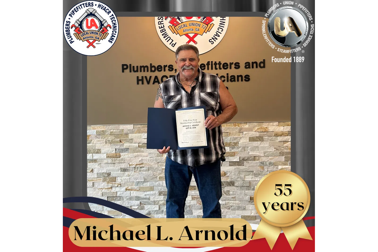 Man holding certificate celebrating 55 years with Plumbers, Pipefitters, and HVACR technicians Local Union 72.