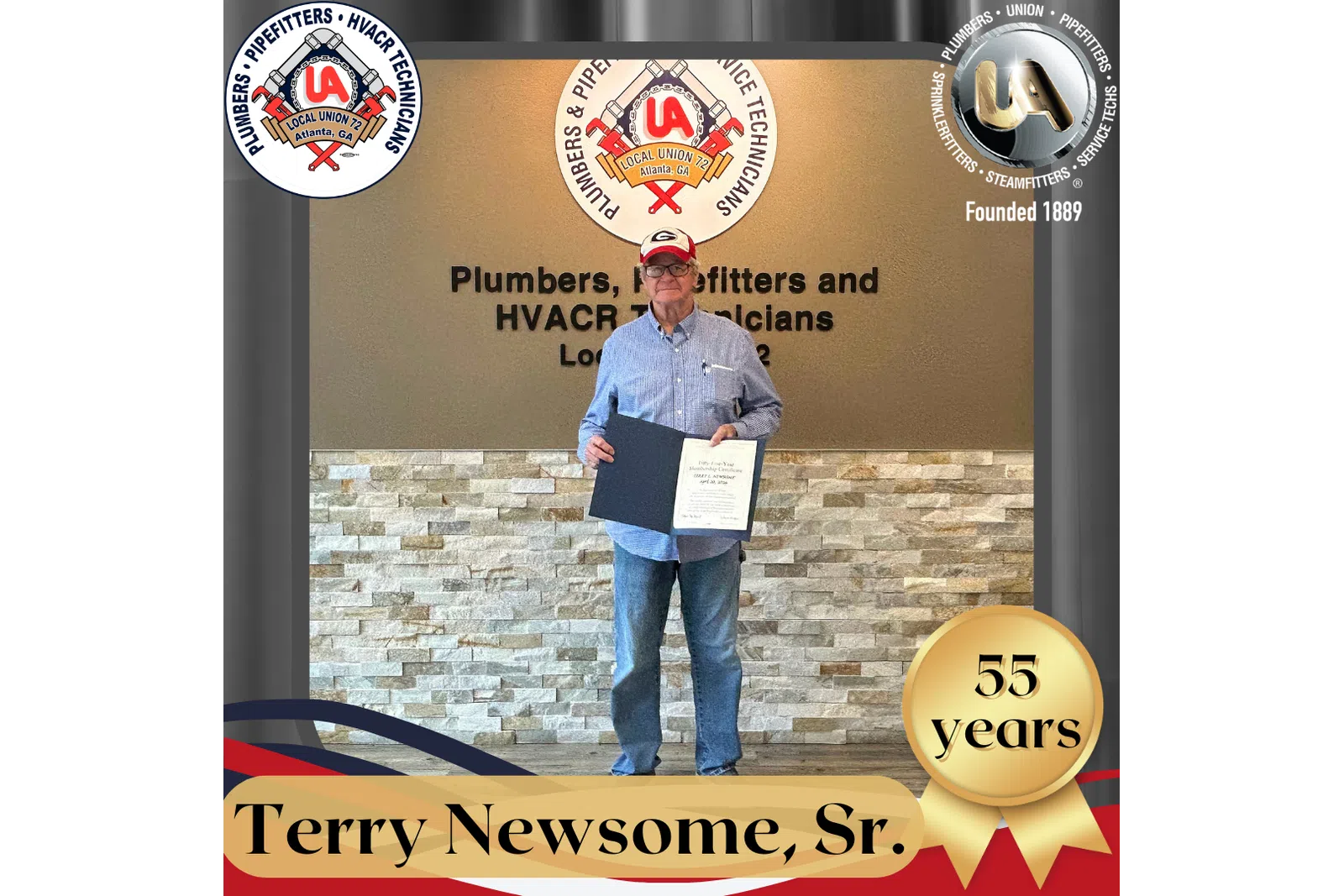 Senior man holding award certificate at Plumbers Local Union 72 office celebrating 55 years of service.