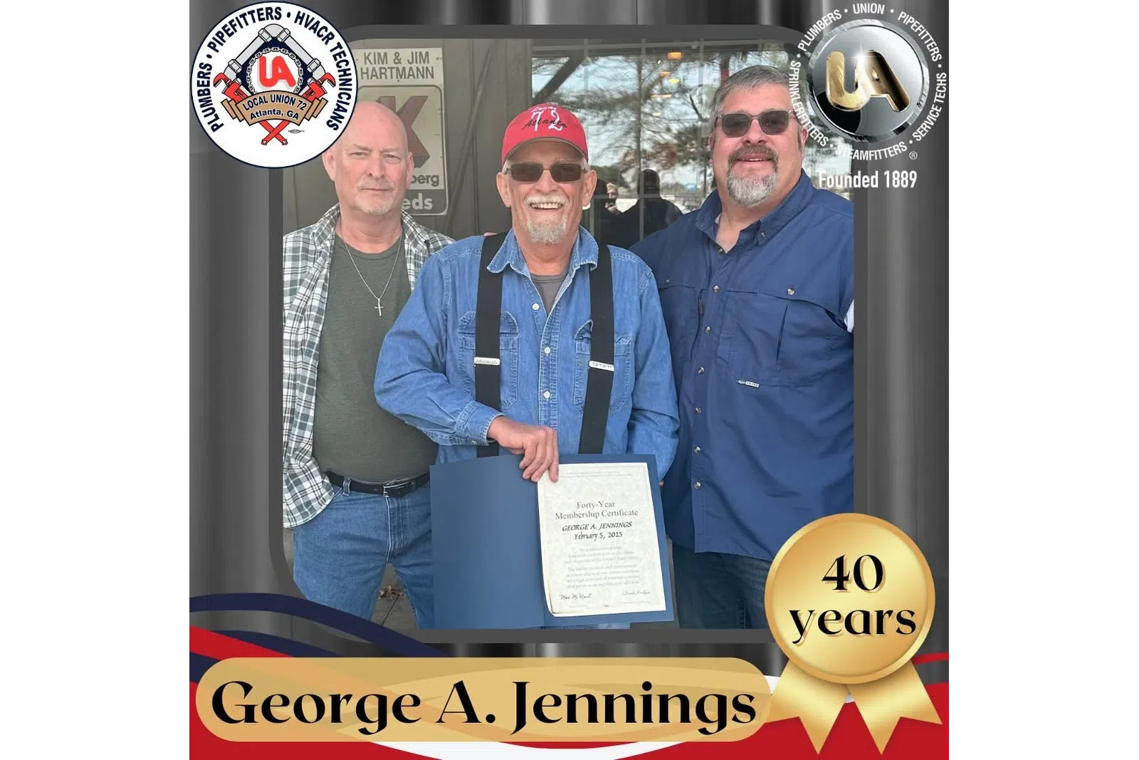 Three men standing together, one holding a certificate celebrating George A. Jennings' 40 years of membership.