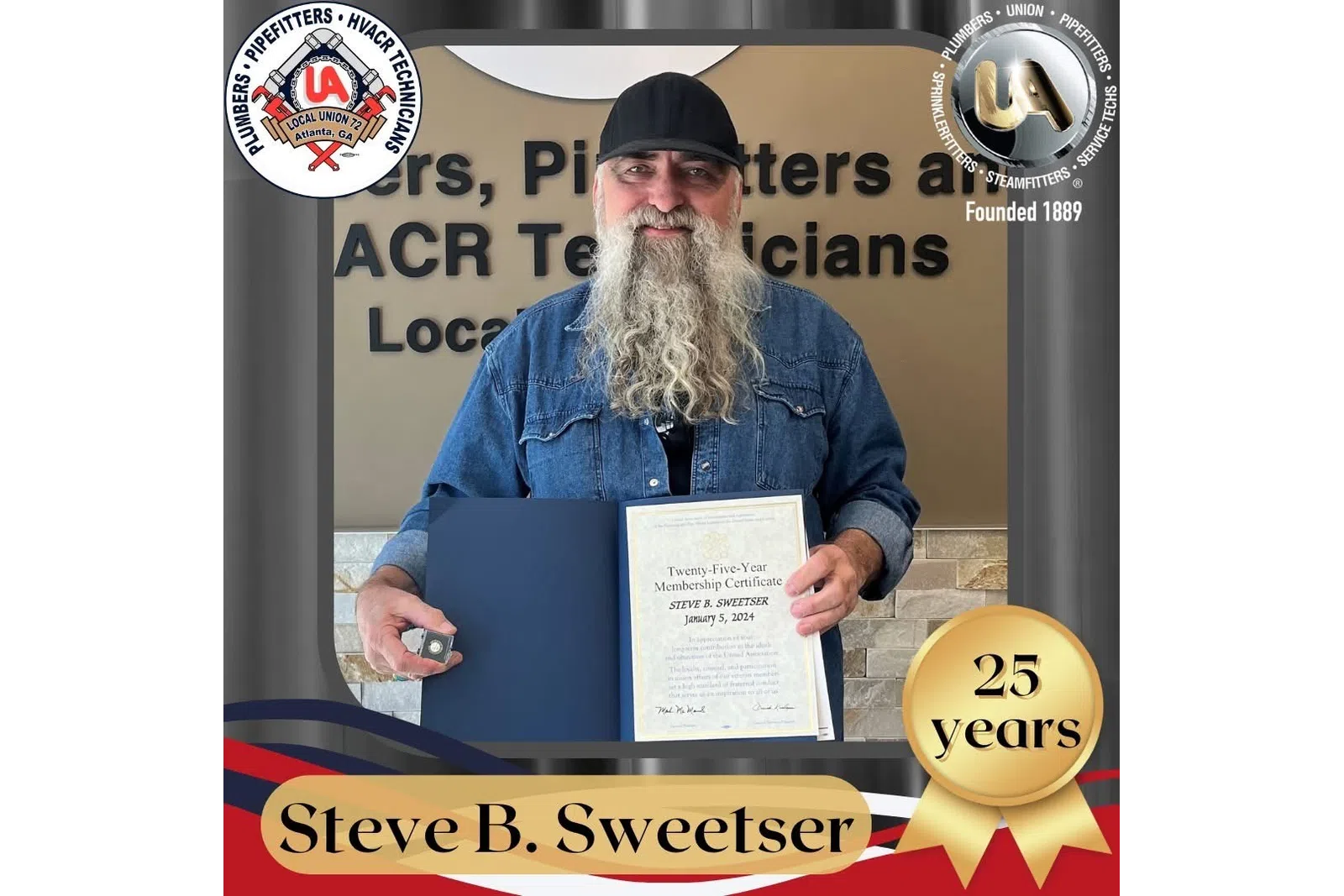 Man with long beard holding a 25-year membership certificate for plumbers and pipefitters union.