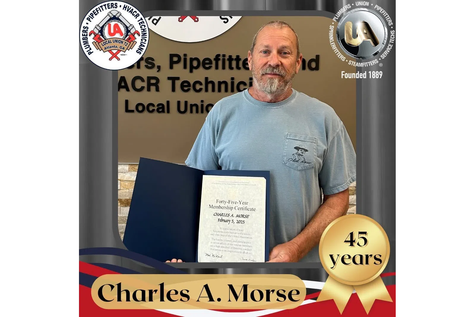 Man holding a 45-year membership certificate from UA Local Union 72 in front of union signage.