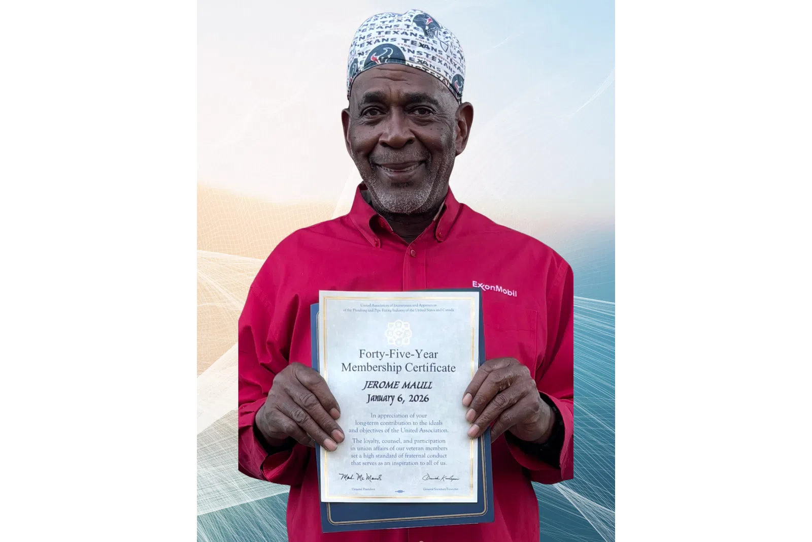 Man in red ExxonMobil shirt and Texans cap holding a Forty-Five-Year Membership Certificate dated January 6, 2026.
