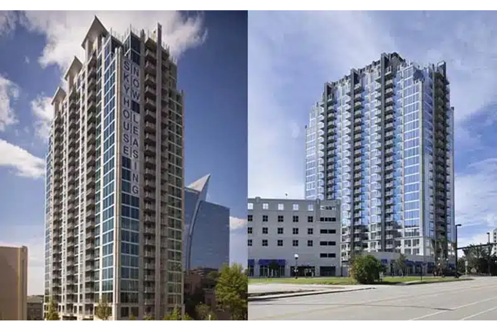 Two modern high-rise residential buildings with glass facades under a partly cloudy sky in an urban setting.
