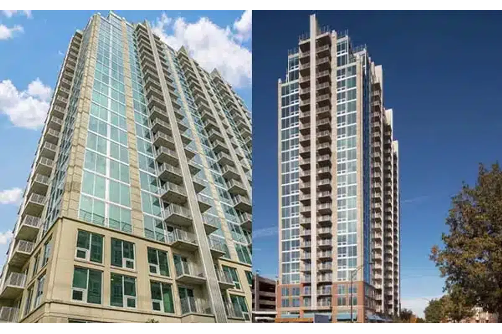 Two modern high-rise residential buildings with glass windows and balconies against blue sky.