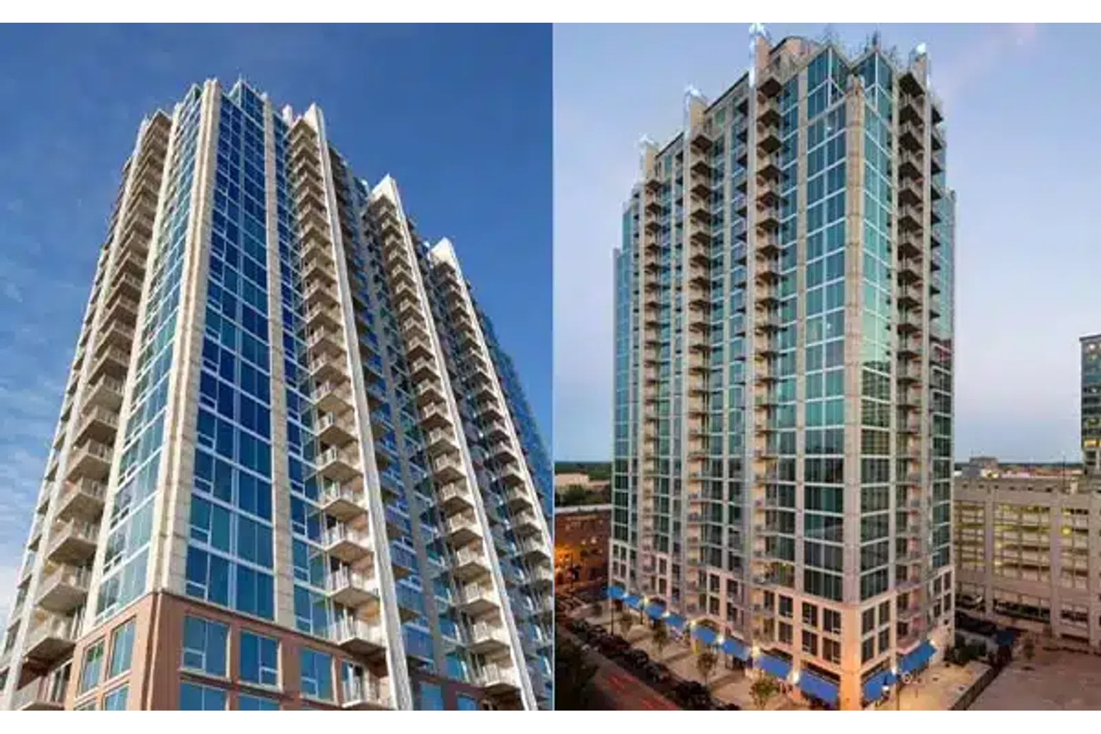 Modern high-rise glass apartment building with balconies during day and night urban views