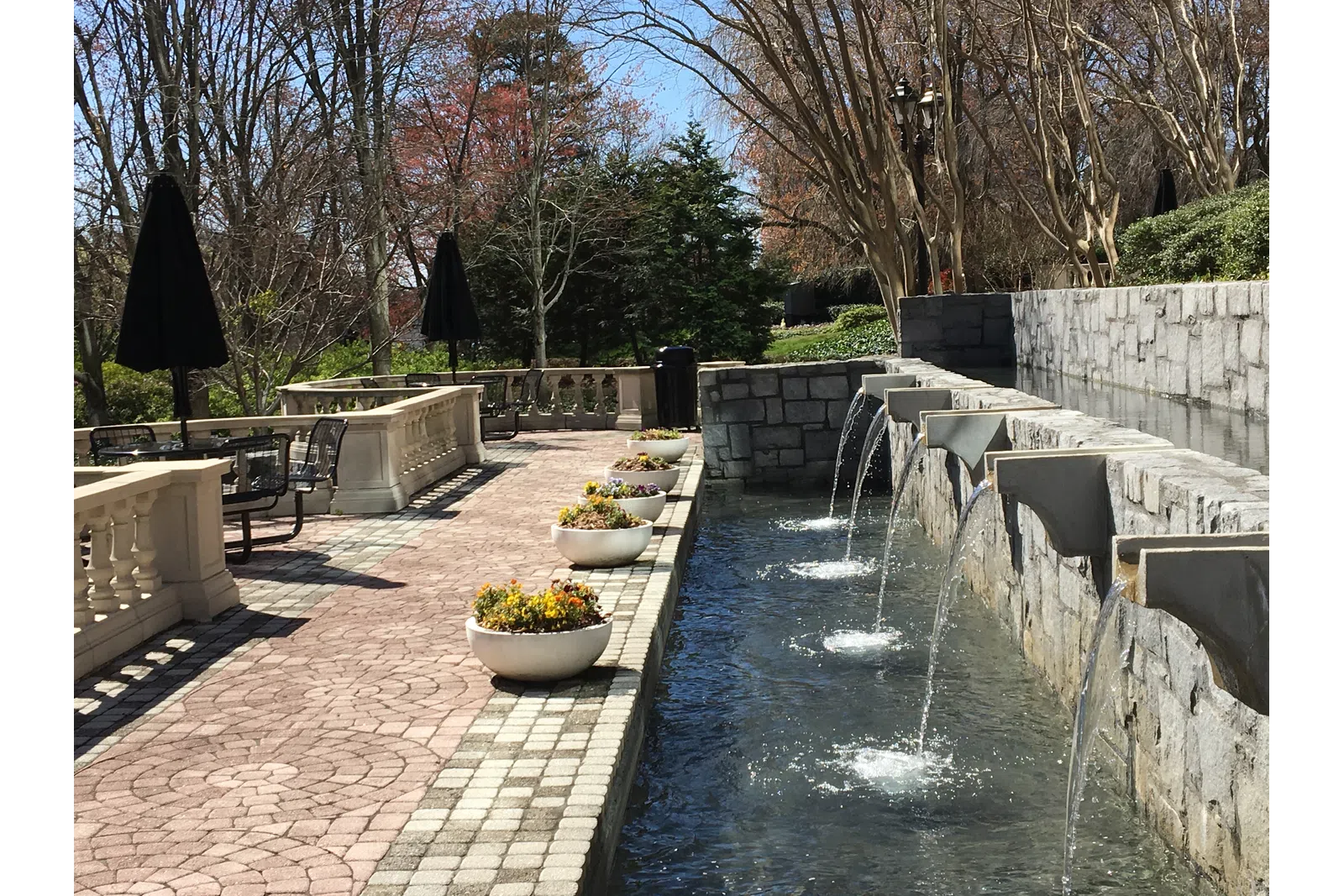 a small pond with a stone walkway