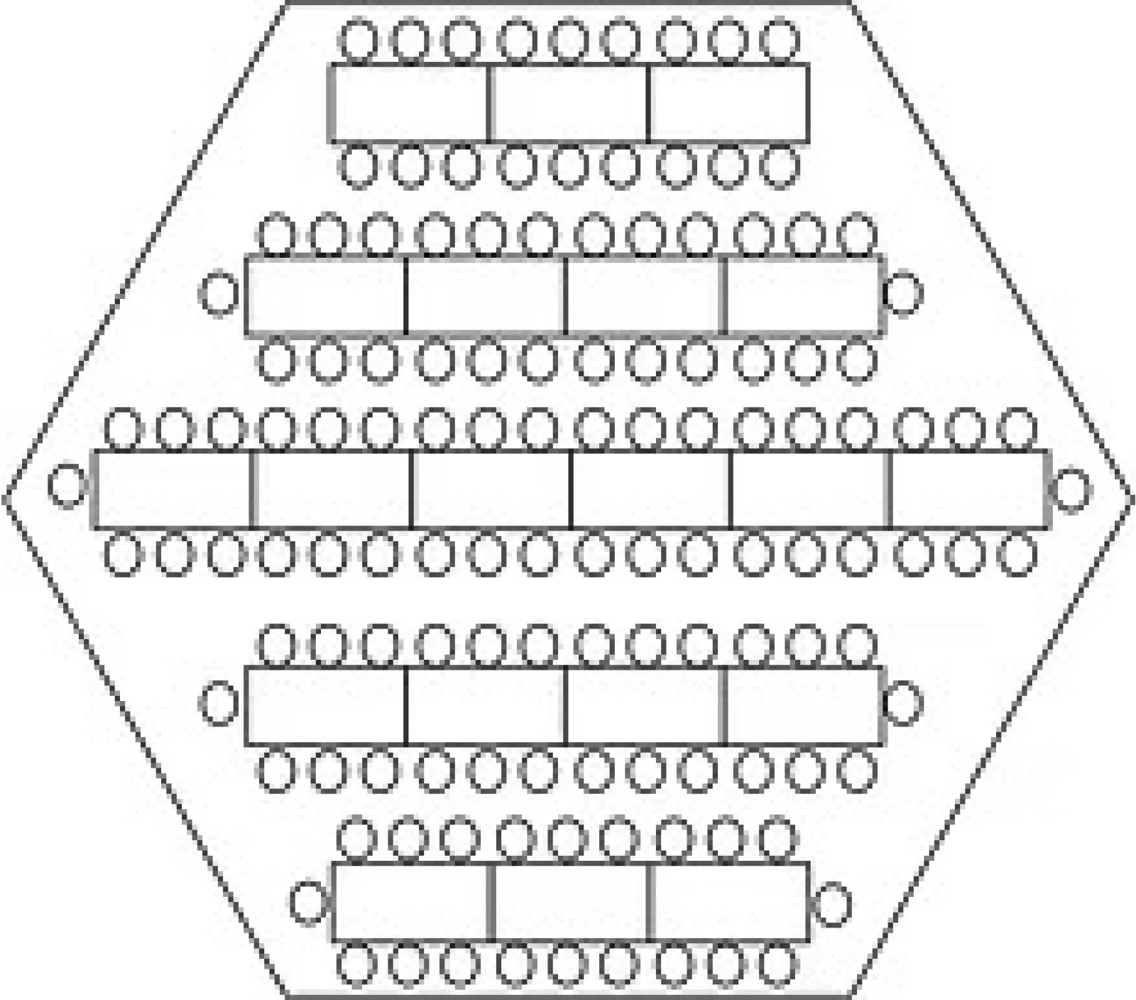 Hexagonal seating chart with five rows of tables and circular chairs arranged around each table.