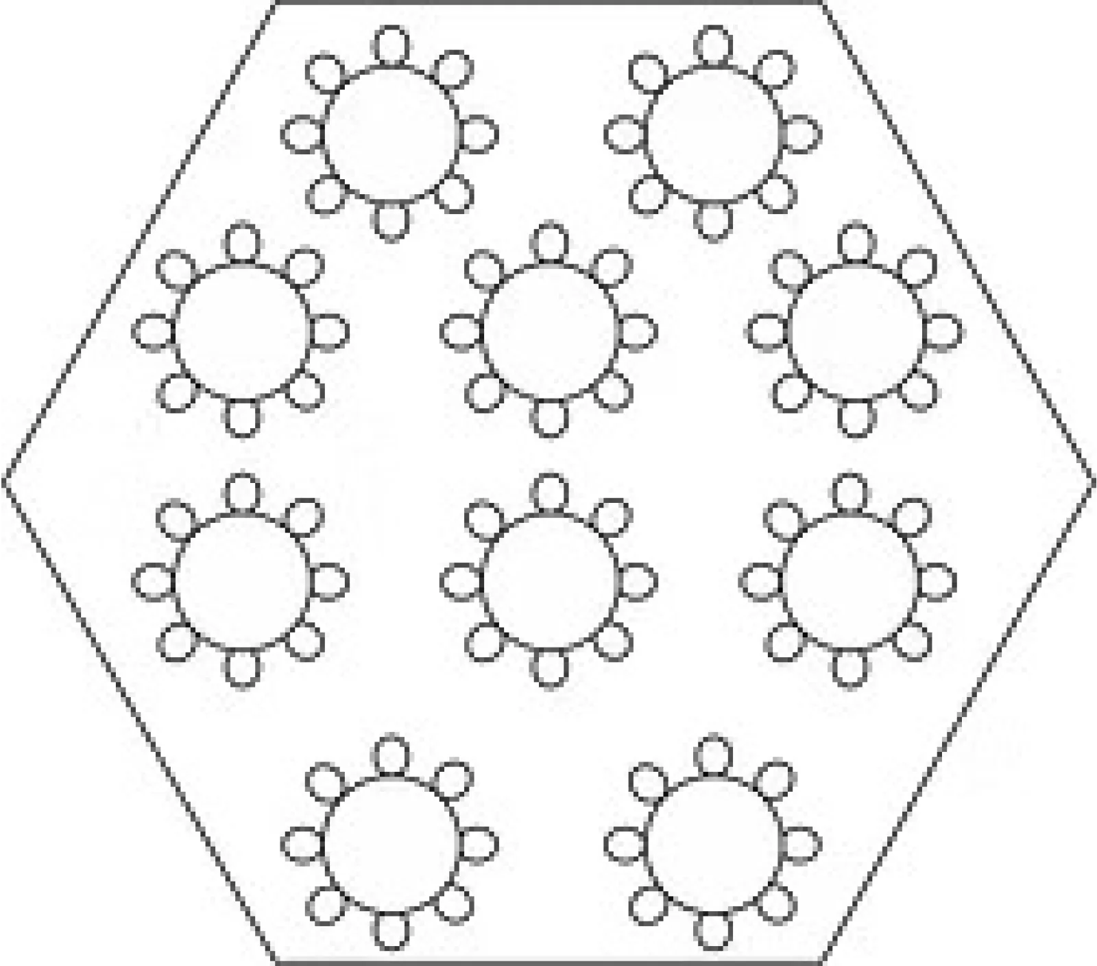 Hexagonal grid with eleven circular gears, each having eight rounded teeth, arranged inside the hexagon.