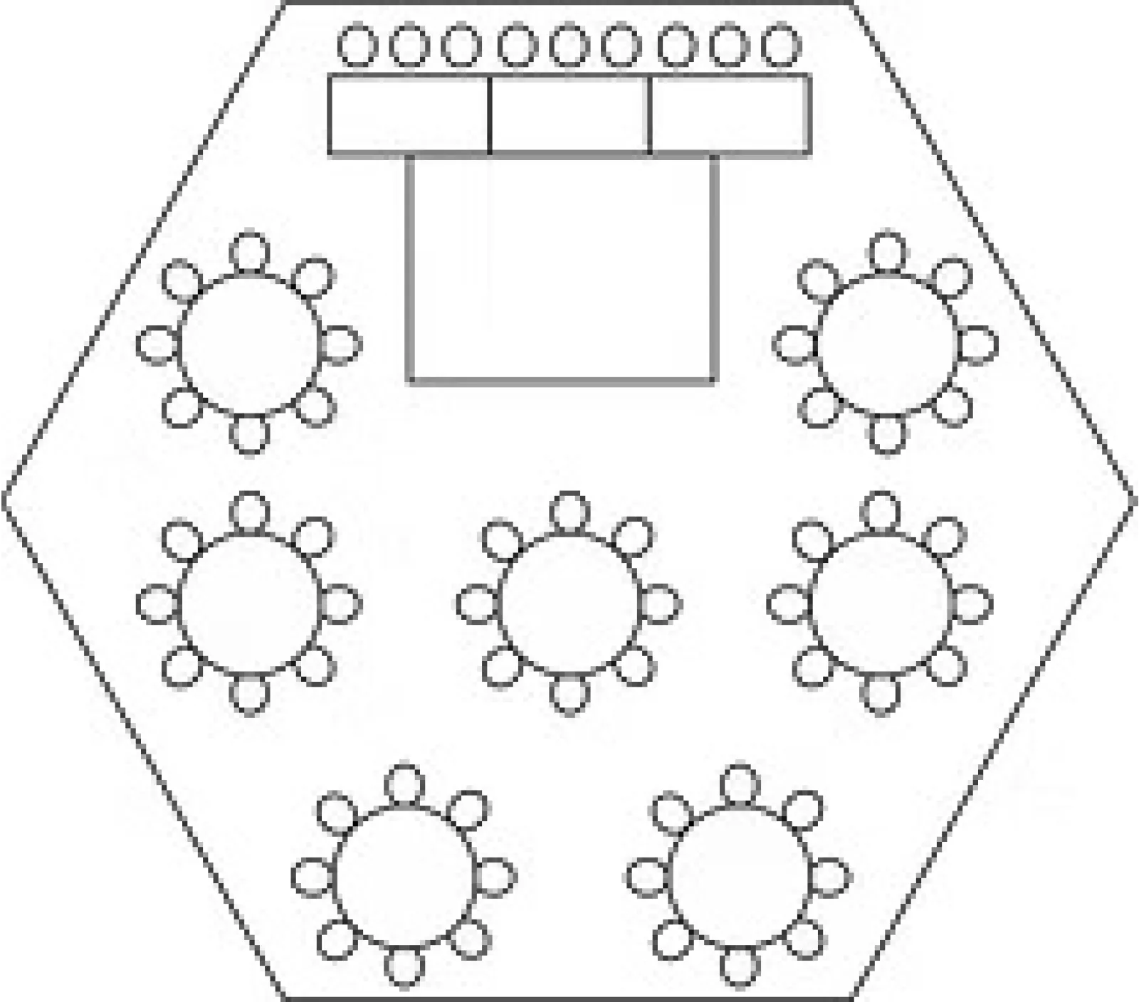 Hexagonal room layout with eight round tables and a rectangular conference table with chairs.