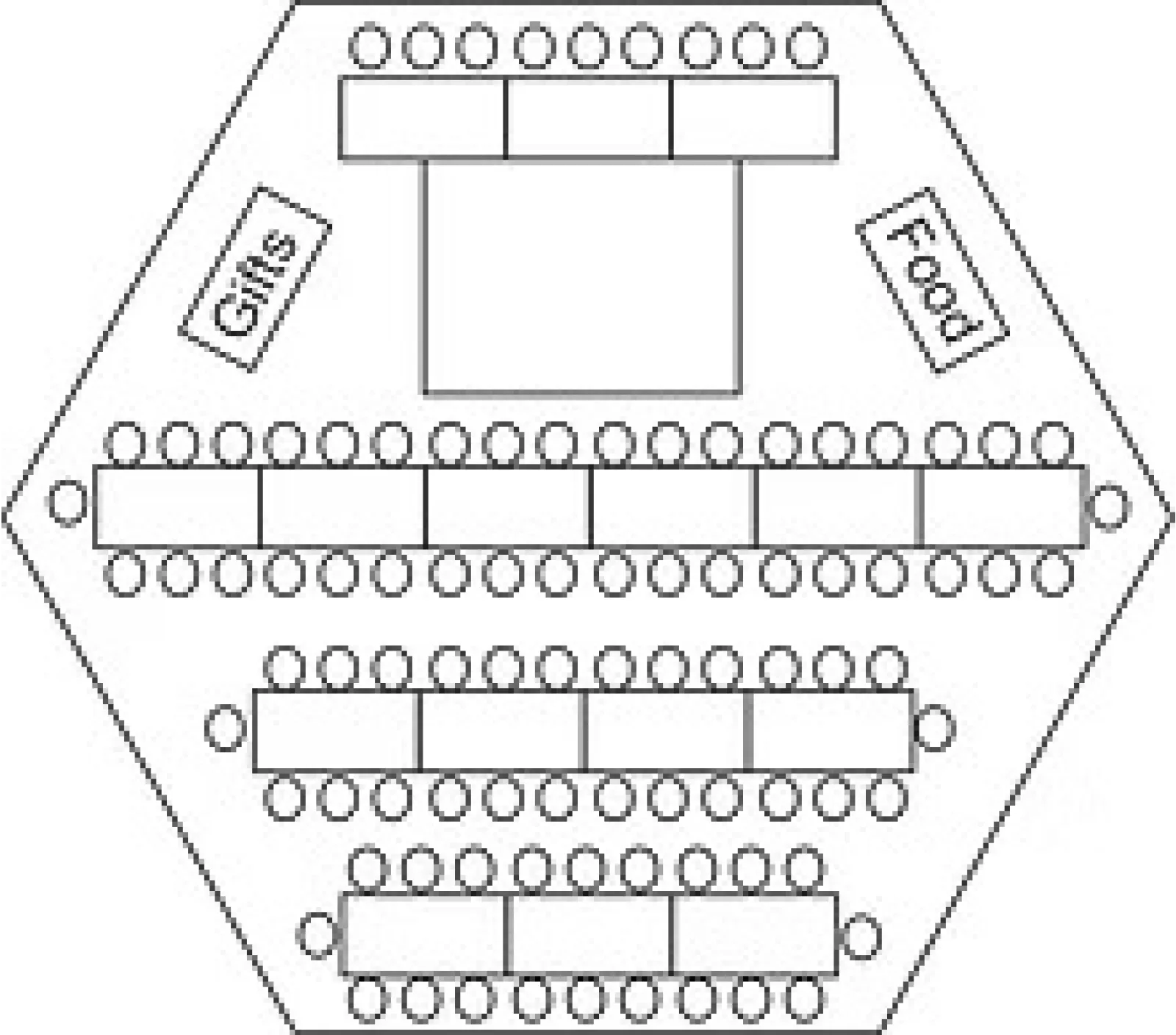 Hexagonal banquet hall seating layout with labeled gift and food tables and multiple rectangular tables with chairs.