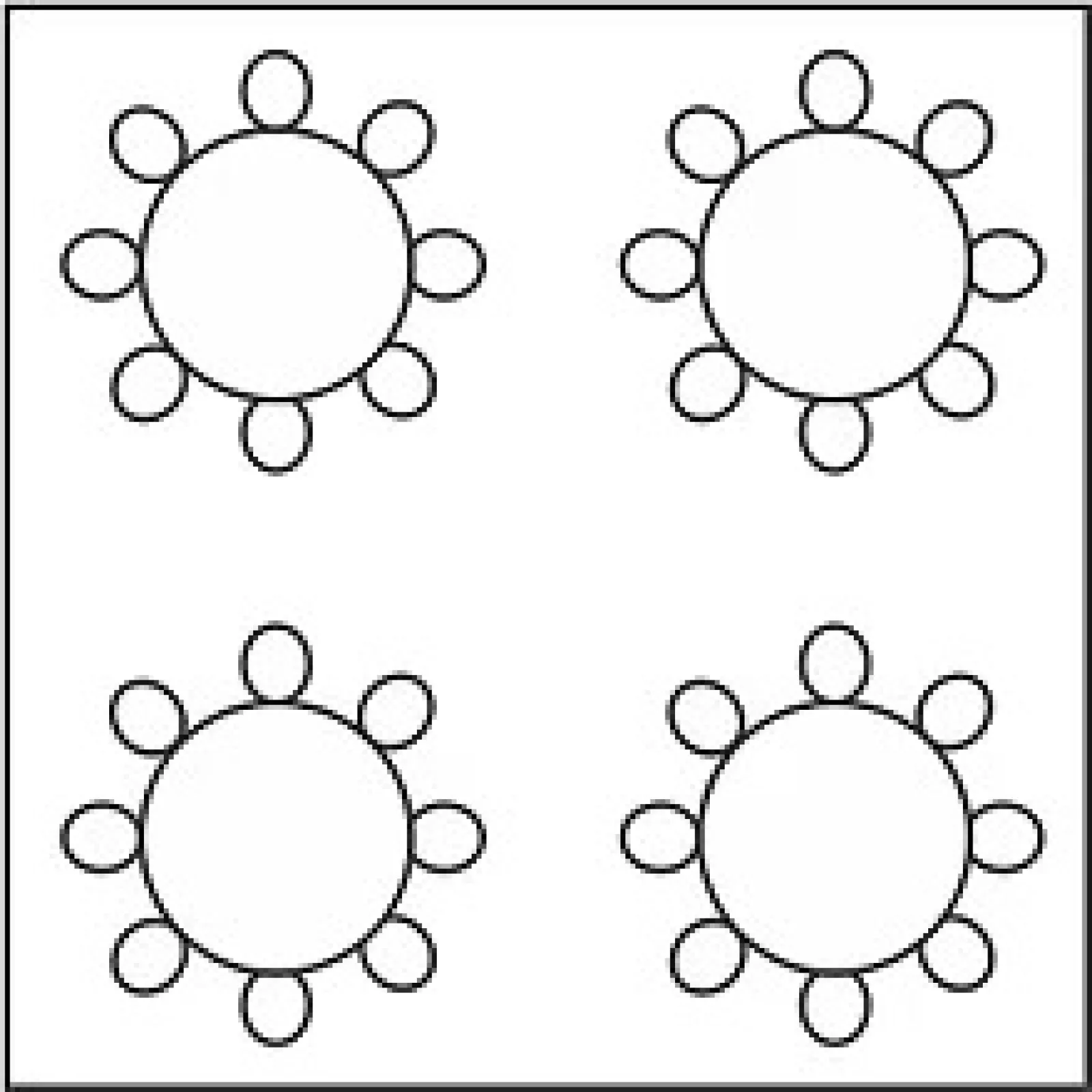 Four simple black line circular shapes each with eight oval loops around, arranged in a 2x2 grid on white background