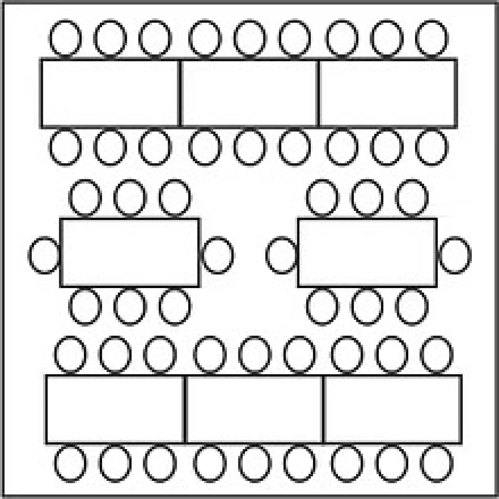 Seating arrangement with tables and chairs organized in a rectangular and grouped layout for events or meetings.