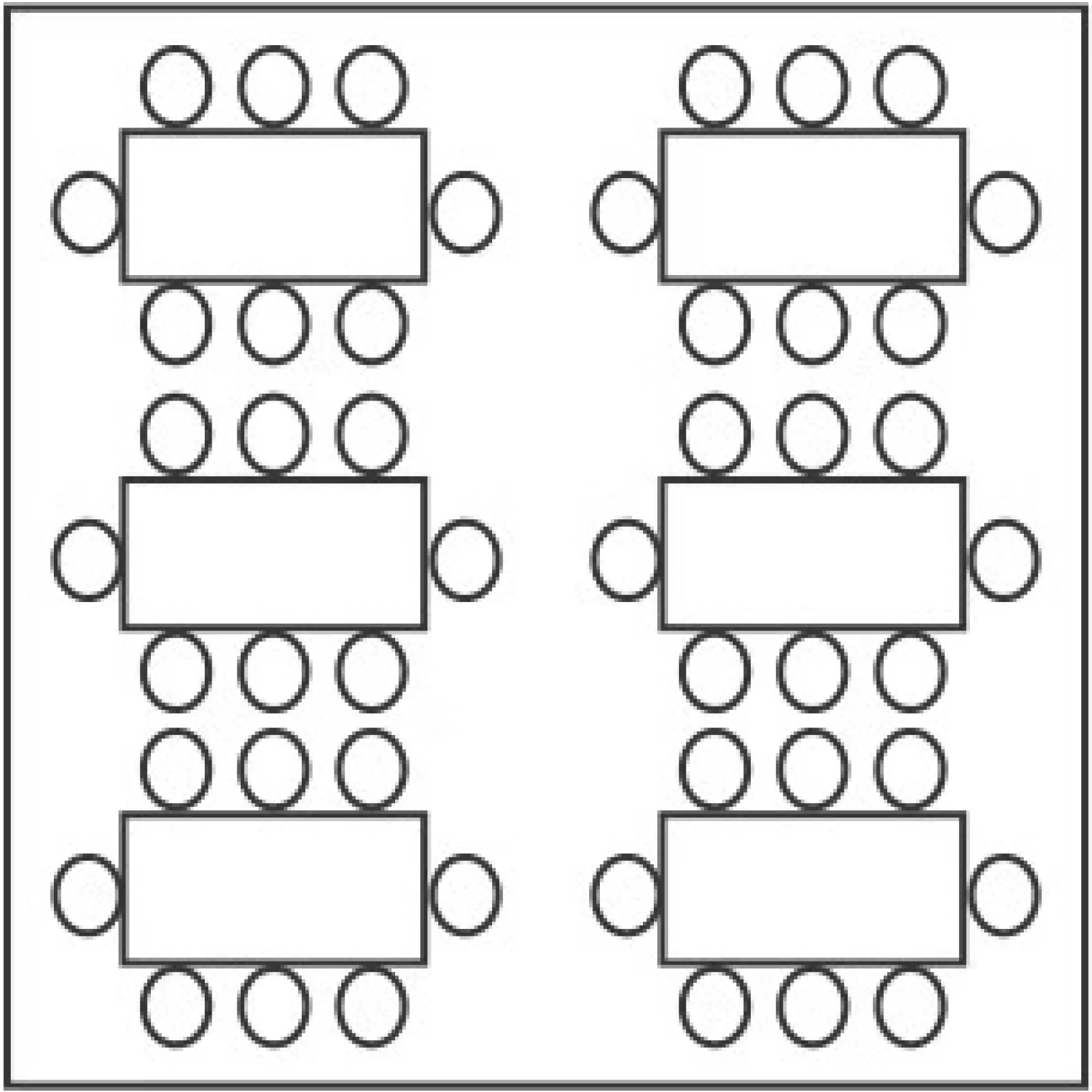Top-down layout of six rectangular tables each surrounded by eight chairs, arranged in two columns with three tables.