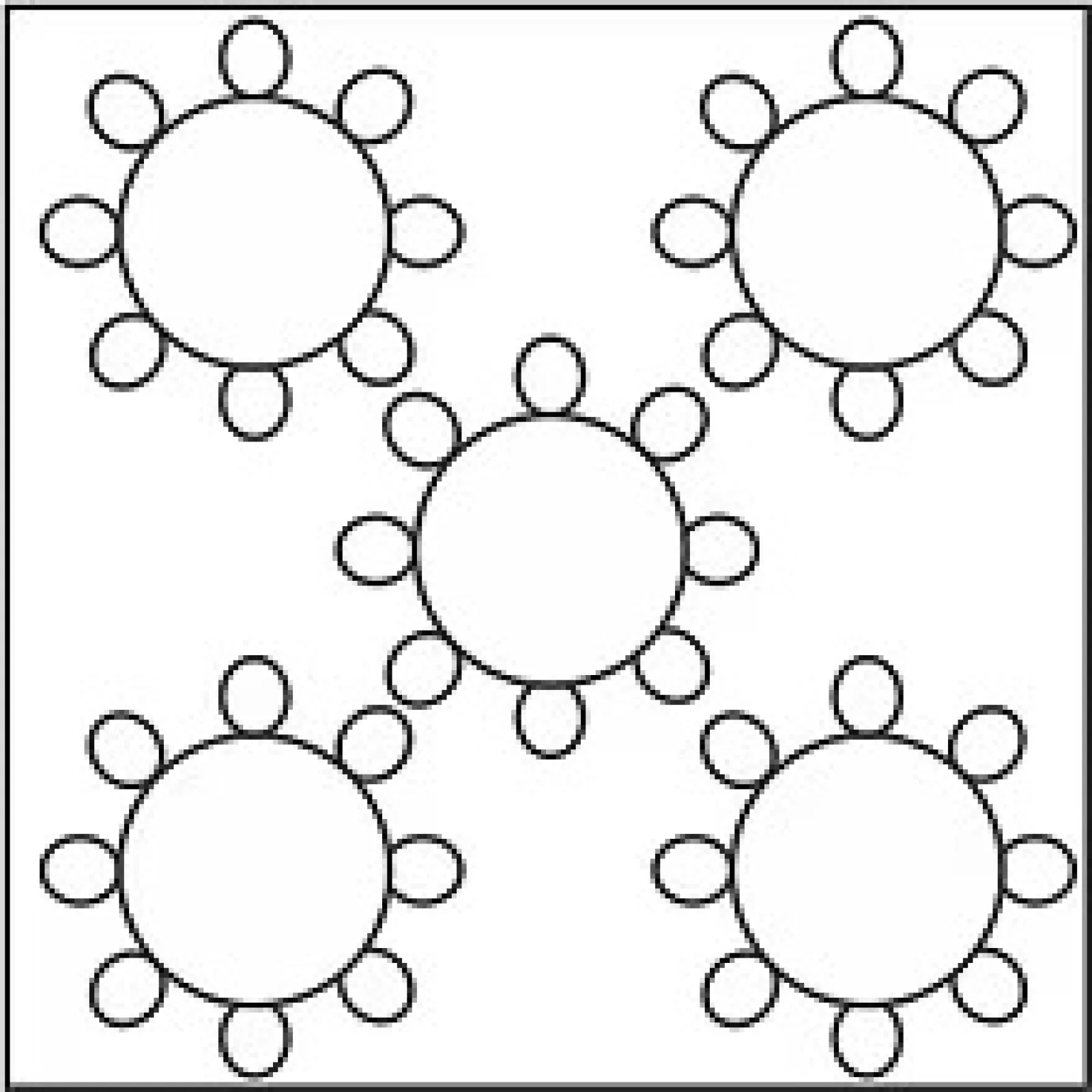 Five black and white gear-like circles with five smaller rounded protrusions on a plain background.