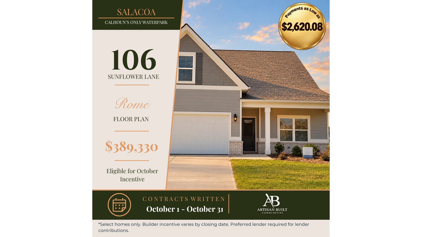 Modern single-story home at 106 Sunflower Lane with $389,330 price eligible for October incentives.