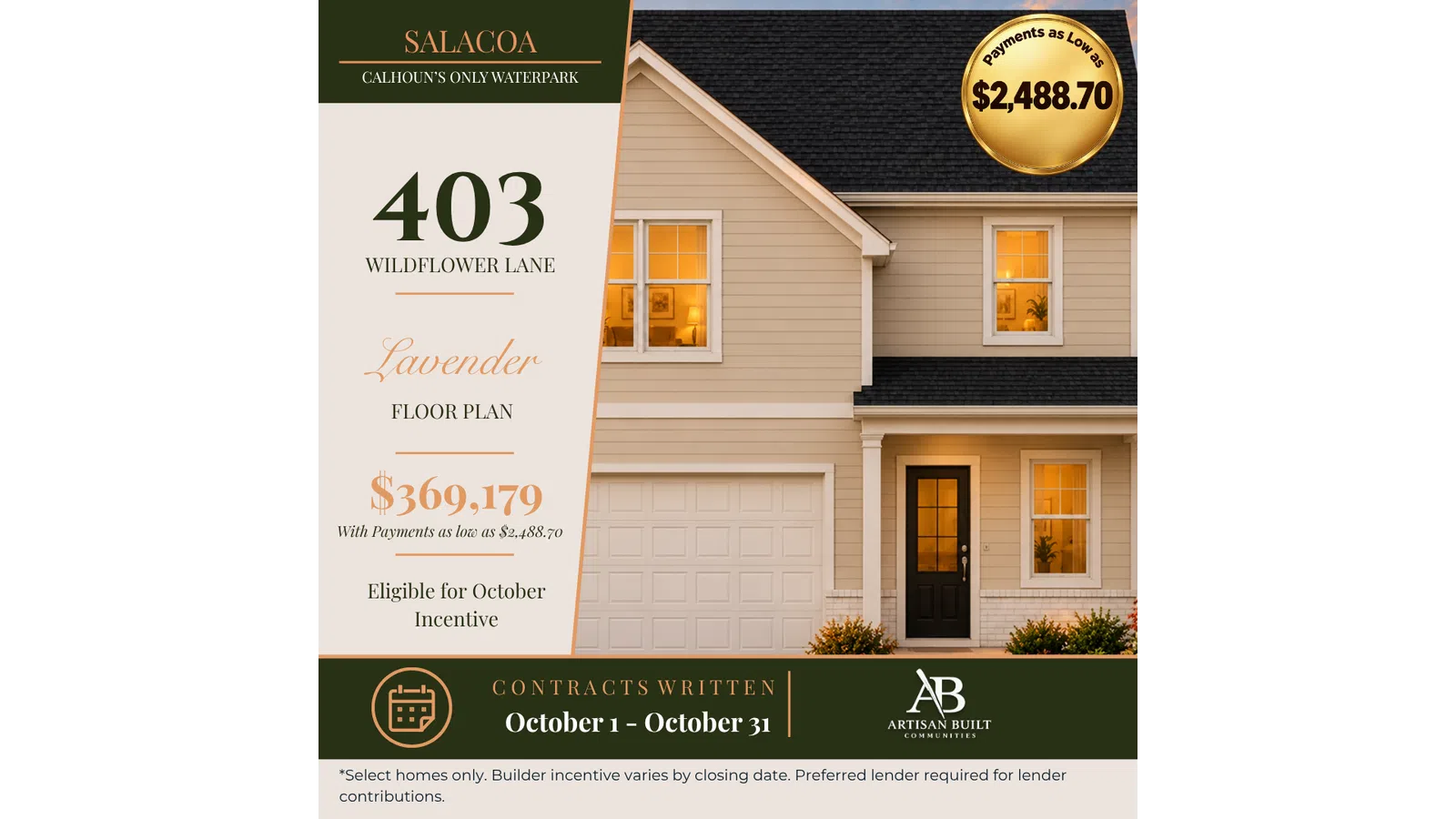 Front view of a beige two-story house with warm interior lights and a black door under a promotional housing offer.