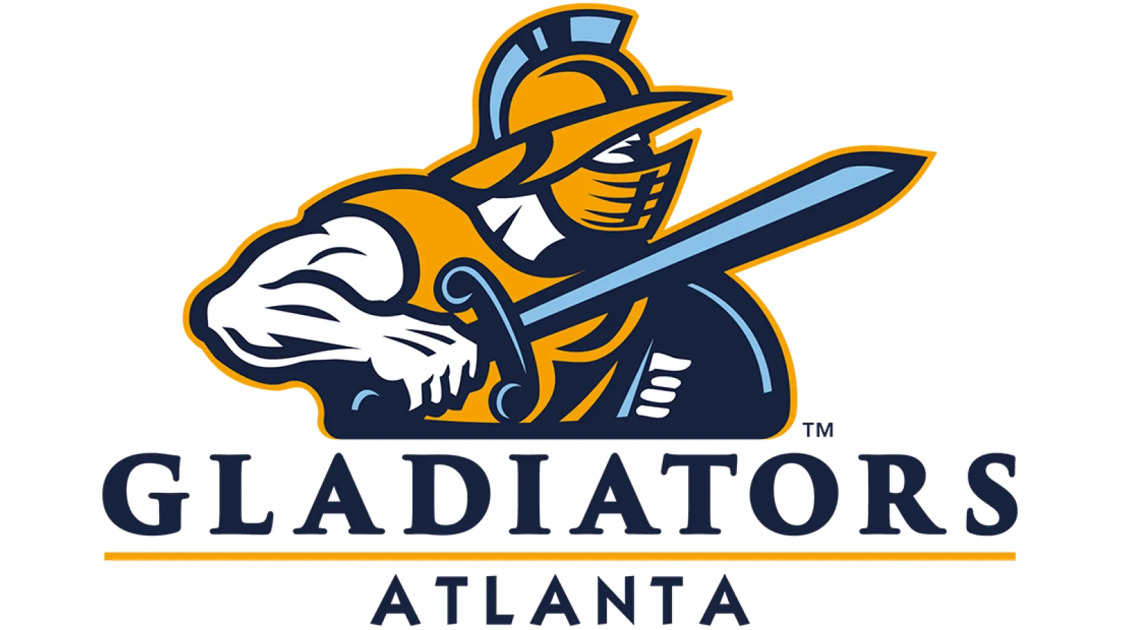 Illustration of a muscular gladiator in helmet holding sword and shield with Atlanta Gladiators text logo