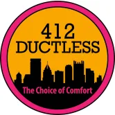 412 Ductless logo with city skyline and slogan The Choice of Comfort in orange, black, and pink circle
