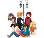 Graphic of teenagers around light pole in different activities
