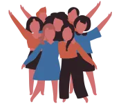 Graphic of women together and raising their hands