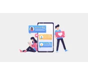 Graphic of man and woman with phone. Reviews on phone.