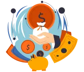 Graphic of person holding money bag and money spinning in circle